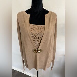 Colleen Lopez Tan Cardigan Set with Embellished Accents and Sequin Tank. Wool. L